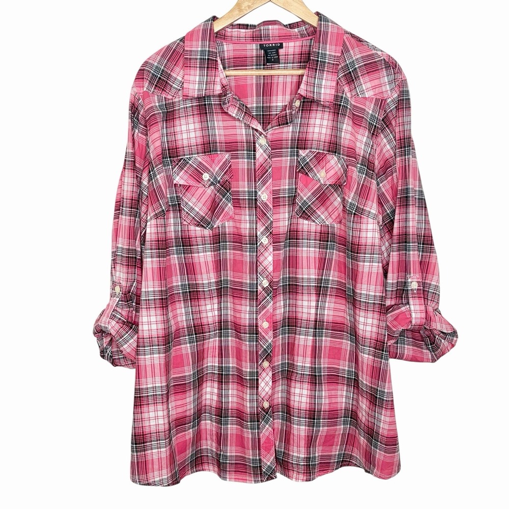 Torrid Plaid Western Shirt Pink Womens 3X Cowgirl Button Up Roll Tab Long Sleeve